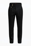 "MAYFAIR" High-Waisted Pleated Trousers - Black / 44 / China Mainland - homme, trousers - BOLDD - Black high-waisted pleated trousers with double-button detail, bold 80's style, Italian old money masculinity.