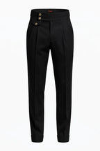 "MAYFAIR" High-Waisted Pleated Trousers - Black / 44 / China Mainland - homme, trousers - BOLDD - Black high-waisted pleated trousers with double-button detail, bold 80's style, Italian old money masculinity.
