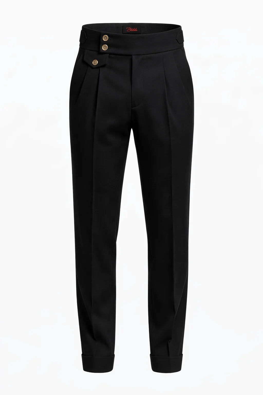 "MAYFAIR" High-Waisted Pleated Trousers - Black / 44 / China Mainland - homme, trousers - BOLDD - Black high-waisted pleated trousers with double-button detail, bold 80's style, Italian old money masculinity.