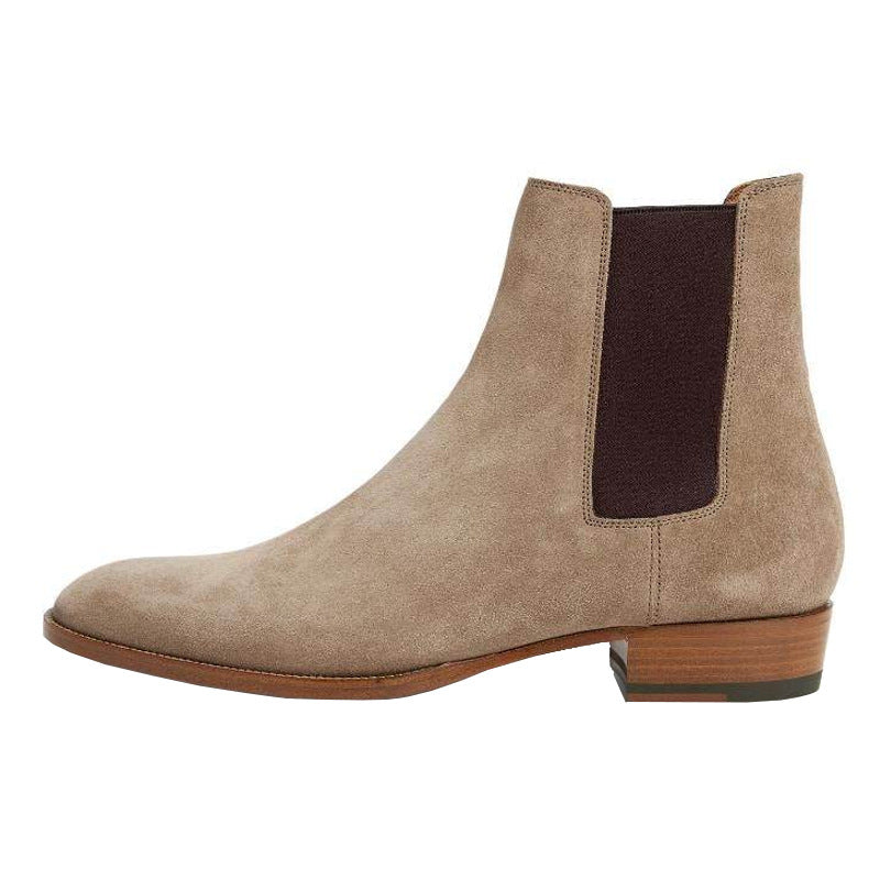 "Marlow" Men’s Suede Chelsea Boots – Khaki - Khaki / 37 - Khaki suede Chelsea boot with dark elastic side panels, bold masculine Italian 1980's style.