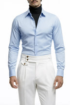 "Ariston" Classic Slim Dress Shirt - Black / 37 - homme, shirts & sweaters men - BOLDD - Light blue slim-fit dress shirt with Italian collar styled bold and masculin in old money 80's fashion.