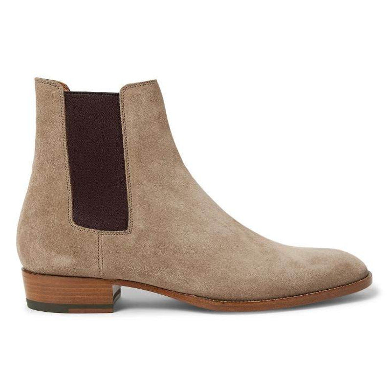 "Marlow" Men’s Suede Chelsea Boots – Khaki - Khaki / 37 - Khaki suede Chelsea boots with dark elastic sides, Italian old money style, masculine 1980's bold design.