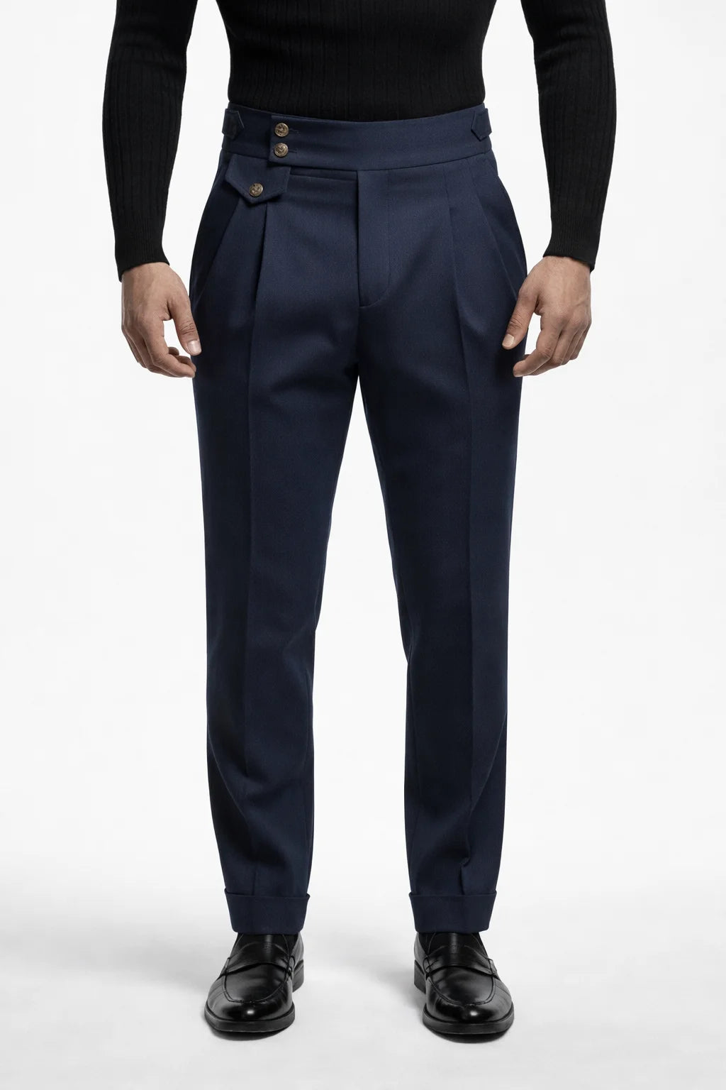 "MAYFAIR" High-Waisted Pleated Trousers - Black / 44 / China Mainland - homme, trousers - BOLDD - Navy blue high-waisted pleated trousers with double-button closure, bold 80's style, old money Italian masculin aesthetic.