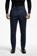 "MAYFAIR" High-Waisted Pleated Trousers - Black / 44 / China Mainland - homme, trousers - BOLDD - Navy blue high-waisted pleated trousers with double-button closure, bold 80's style, old money Italian masculin aesthetic.