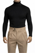 "Essential" Striped Turtleneck Sweater - Navy / 44 - homme, shirts & sweaters men - BOLDD - Black ribbed turtleneck sweater with a bold, masculine fit in an old money Italian 80's style.