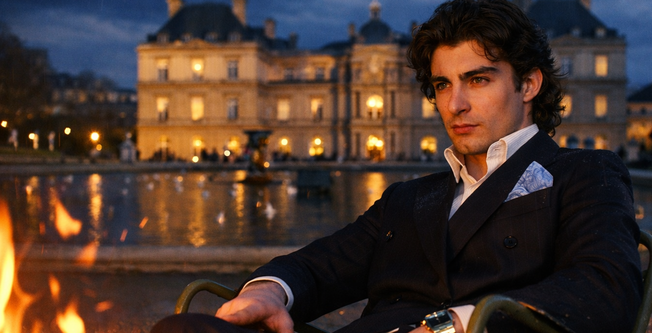 Man in a suit sitting by a fire with a grand building in the background