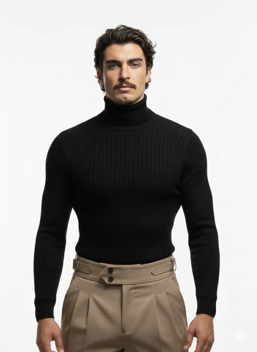 Man wearing a black turtleneck sweater and beige pants on a white background