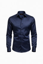 "Ariston" Classic Slim Dress Shirt - Black / 37 - homme, shirts & sweaters men - BOLDD - Navy blue slim-fit dress shirt with subtle sheen, classic collar, and bold 80's Italian style.