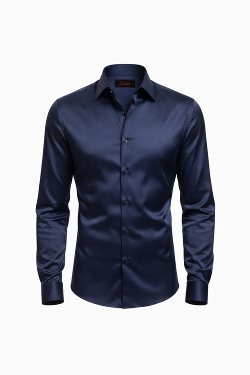 "Ariston" Classic Slim Dress Shirt - Black / 37 - homme, shirts & sweaters men - BOLDD - Navy blue slim-fit dress shirt with subtle sheen, classic collar, and bold 80's Italian style.