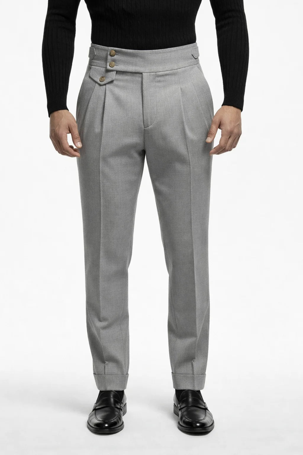 "MAYFAIR" High-Waisted Pleated Trousers - Black / 44 / China Mainland - homme, trousers - BOLDD - Gray high-waisted pleated trousers with double side button detail, bold 80's style, old money Italian masculin vibe.