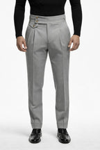 "MAYFAIR" High-Waisted Pleated Trousers - Black / 44 / China Mainland - homme, trousers - BOLDD - Gray high-waisted pleated trousers with double side button detail, bold 80's style, old money Italian masculin vibe.