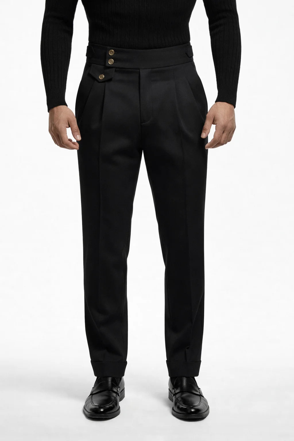 "MAYFAIR" High-Waisted Pleated Trousers - Black / 44 / China Mainland - homme, trousers - BOLDD - Black high-waisted pleated trousers with gold buttons, sharp 80's style, bold old money look, Italian masculine elegance.