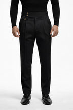 "MAYFAIR" High-Waisted Pleated Trousers - Black / 44 / China Mainland - homme, trousers - BOLDD - Black high-waisted pleated trousers with gold buttons, sharp 80's style, bold old money look, Italian masculine elegance.