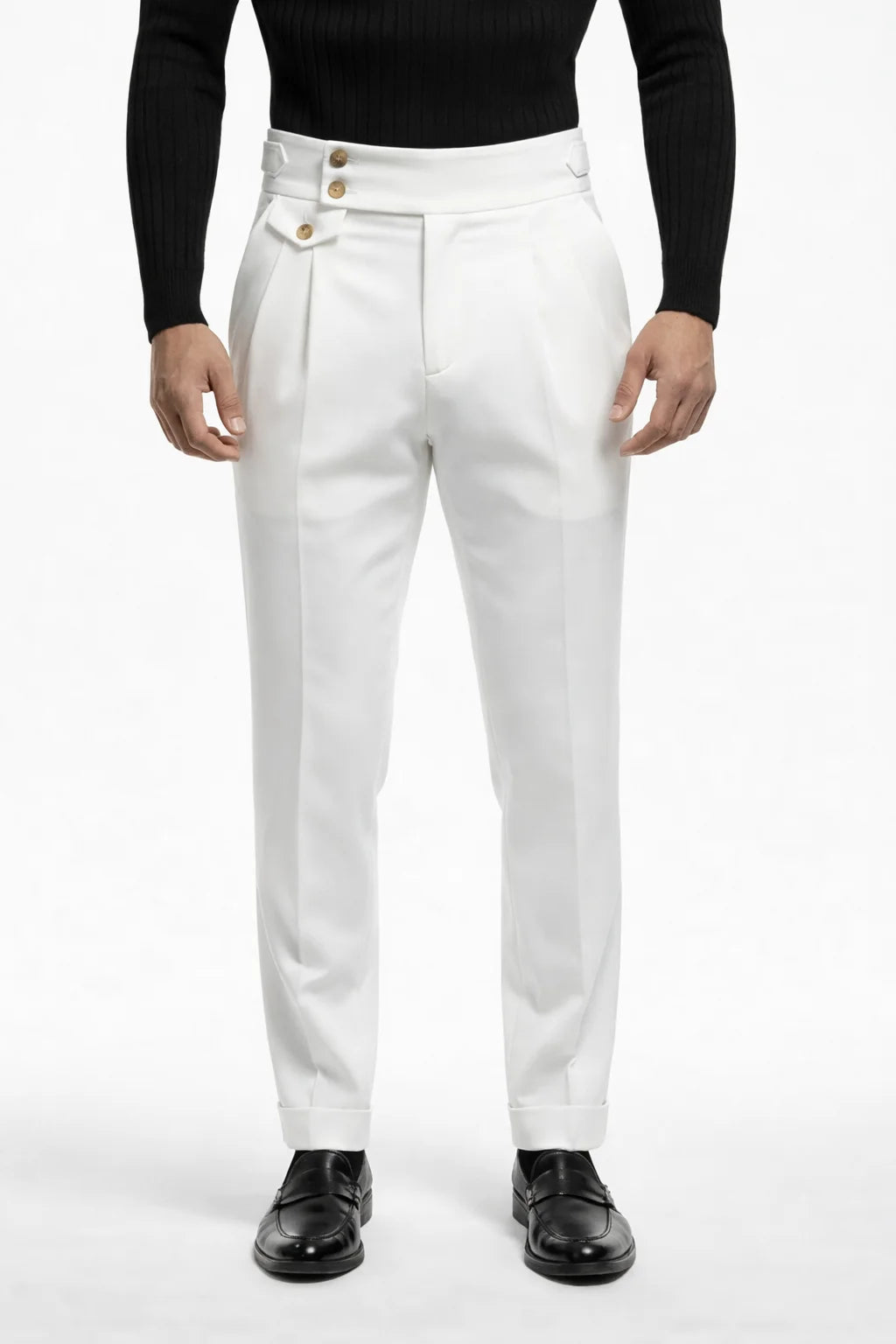 "MAYFAIR" High-Waisted Pleated Trousers - Black / 44 / China Mainland - homme, trousers - BOLDD - White high-waisted pleated trousers with bold gold buttons, 80's style old money Italian masculinity.