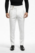 "MAYFAIR" High-Waisted Pleated Trousers - Black / 44 / China Mainland - homme, trousers - BOLDD - White high-waisted pleated trousers with bold gold buttons, 80's style old money Italian masculinity.