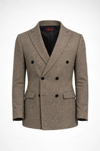 Belgrave Herringbone Suit Set / KHAKI - 48 / 46 - homme, suit sets - BOLDD - Khaki belgrave herringbone double-breasted suit jacket with bold black buttons, masculine 80's style, Italian old money vibe.
