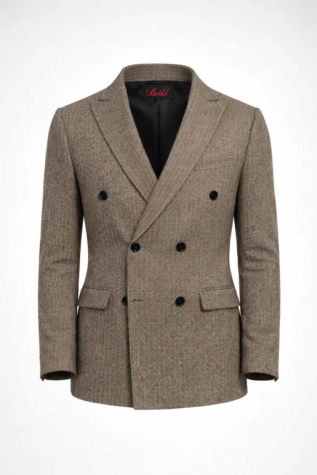 Belgrave Herringbone Suit Set / KHAKI - 48 / 46 - homme, suit sets - BOLDD - Khaki belgrave herringbone double-breasted suit jacket with bold black buttons, masculine 80's style, Italian old money vibe.