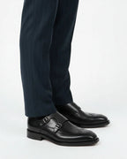 Regent Double Monk Strap – Hand-Finished Leather Dress Shoes - Black / 39.5 - homme, shoes & boots - BOLDD - Black Italian leather double monk strap shoes with bold old money style, paired with tailored navy pinstripe pants.