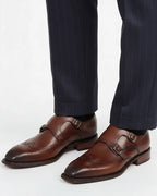 Regent Double Monk Strap – Hand-Finished Leather Dress Shoes - Black / 39.5 - homme, shoes & boots - BOLDD - Brown hand-finished leather double monk strap shoes with brogue details, bold old money Italian 80's style.