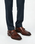 Regent Double Monk Strap – Hand-Finished Leather Dress Shoes - Black / 39.5 - homme, shoes & boots - BOLDD - Brown hand-finished leather double monk strap shoes with bold masculine 80's Italian style, worn with pinstriped trousers,.