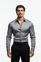 "Ariston" Classic Slim Dress Shirt - Black / 37 - homme, shirts & sweaters men - BOLDD - Slim-fit gray dress shirt with Italian collar, embodying bold old money masculinity and 80's style.