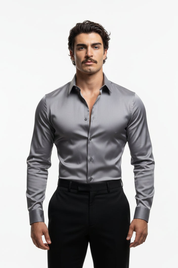 "Ariston" Classic Slim Dress Shirt - Black / 37 - homme, shirts & sweaters men - BOLDD - Slim-fit gray dress shirt with Italian collar, embodying bold old money masculinity and 80's style.