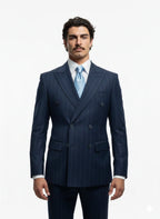 "MONTCLAIR" Double-Breasted Striped Three-Piece Suit - Gray / 42 - homme, suit sets - BOLDD - Navy blue double-breasted striped three-piece suit with wide lapels, embodying bold 80's style and old money Italian.