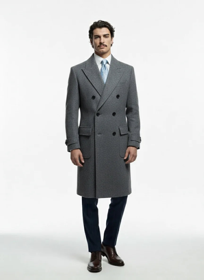Man wearing a gray premium overcoat with a white background