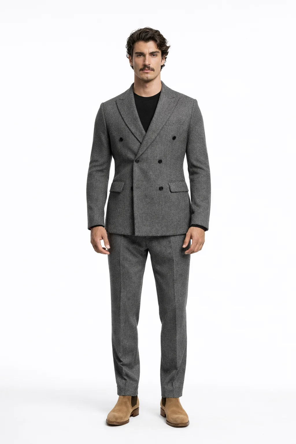 "Belgrave" Herringbone Trousers - Khaki / 46 - homme, trousers - BOLDD - Men’s grey double-breasted Belgrave herringbone trousers with matching blazer, bold 80's Italian old money style.