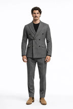 "Belgrave" Herringbone Trousers - Khaki / 46 - homme, trousers - BOLDD - Men’s grey double-breasted Belgrave herringbone trousers with matching blazer, bold 80's Italian old money style.