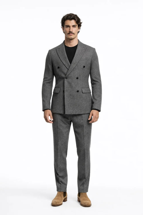 "Belgrave" Herringbone Trousers - Khaki / 46 - homme, trousers - BOLDD - Men’s grey double-breasted Belgrave herringbone trousers with matching blazer, bold 80's Italian old money style.