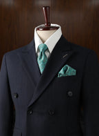 "MONTCLAIR" Double-Breasted Striped Three-Piece Suit - Gray / 42 - homme, suit sets - BOLDD - Navy blue double-breasted striped suit with bold 80's style, paired with white shirt and teal patterned tie and pocket.