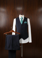 "MONTCLAIR" Double-Breasted Striped Three-Piece Suit - Gray / 42 - homme, suit sets - BOLDD - Navy blue double-breasted vest with slim fit trousers, white shirt, teal tie and pocket square, bold 80's style, old money.