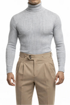 "Essential" Striped Turtleneck Sweater - Navy / 44 - homme, shirts & sweaters men - BOLDD - Grey ribbed turtleneck sweater with bold 80's style, masculine Italian old money vibe.