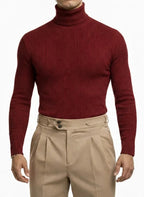 "Essential" Striped Turtleneck Sweater - Navy / 44 - homme, shirts & sweaters men - BOLDD - Burgundy ribbed turtleneck sweater with slim fit, old money Italian 80's style, bold masculin look.